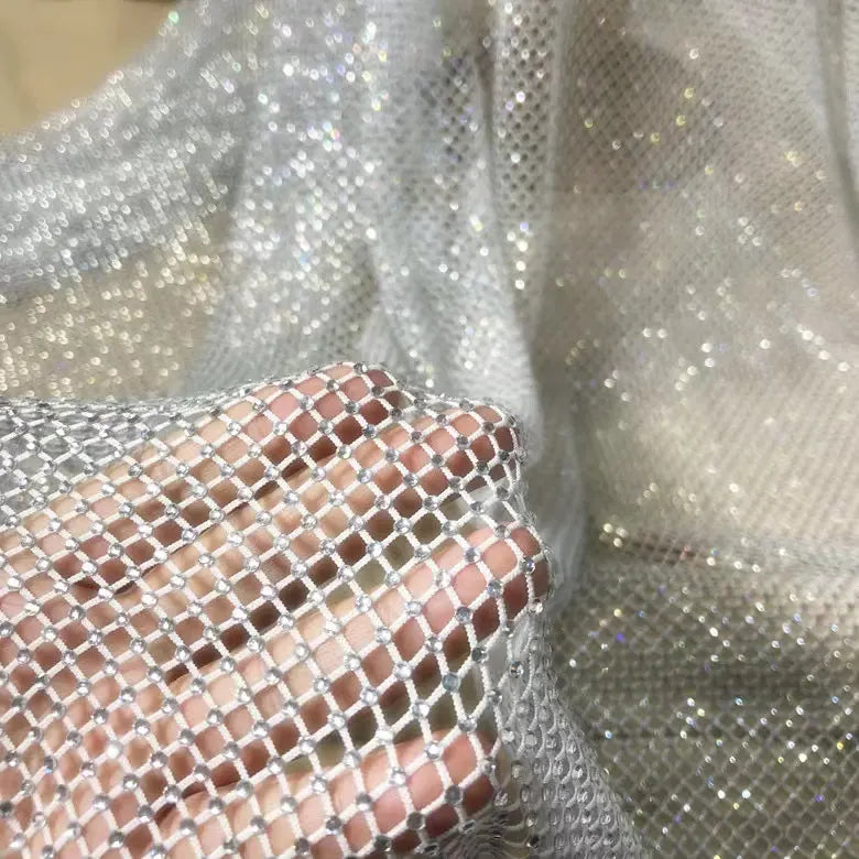 Glitter Rhinestones Mesh Fabric By The Yard|Iridescent Crystal Shiny Mesh Fabric