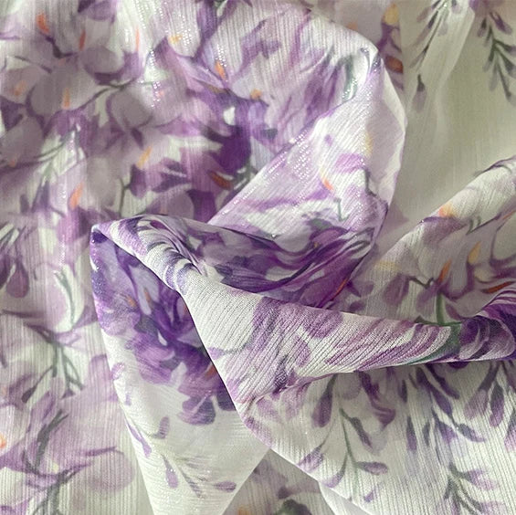 Purple Wisteria Flower Sheer Chiffon Fabric By The Yard | Printed Floral Dresses Fabric | 57Inch Wide Soft Lightweight Sheer Chiffon For Sewing